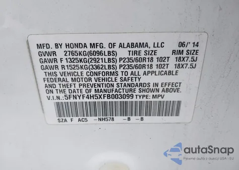 2015 Honda Pilot Ex-L from USA, damaged, VIN 5FNYF4H5XFB003099